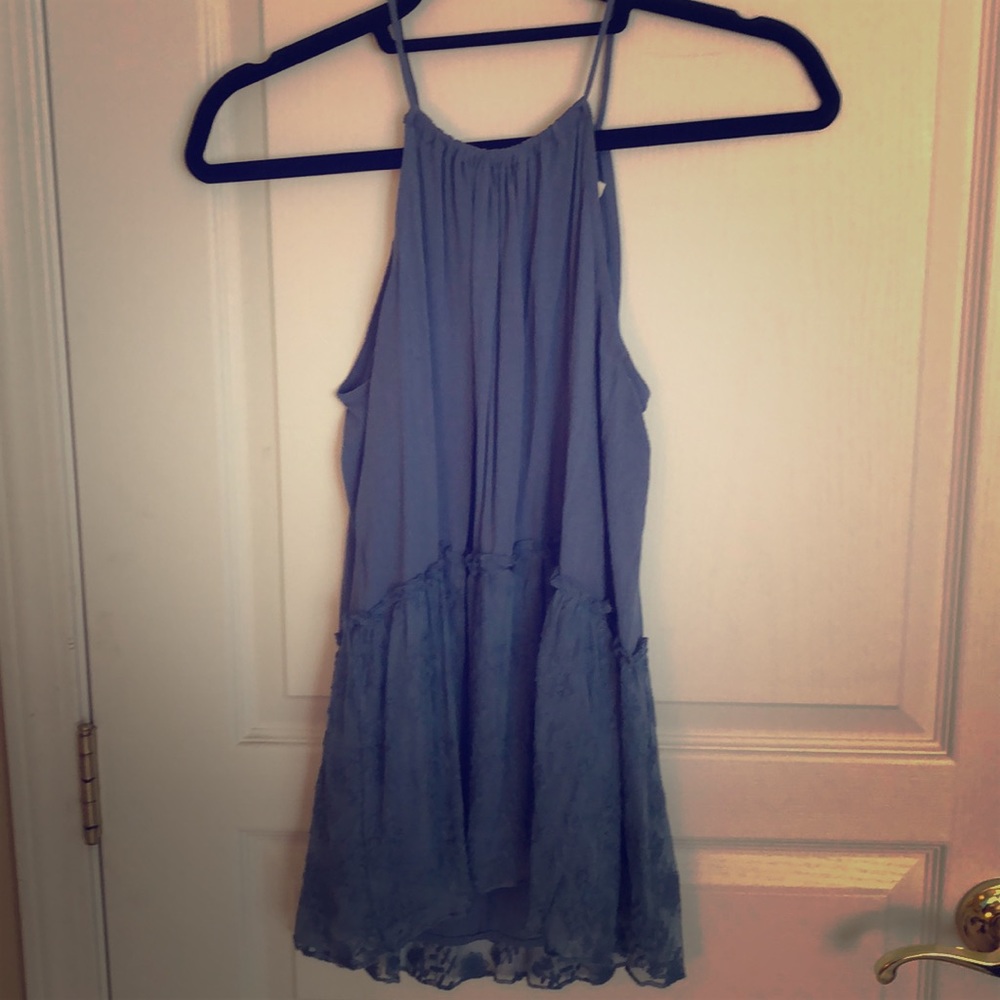 High Neck Blue Tank with Lace Overlay